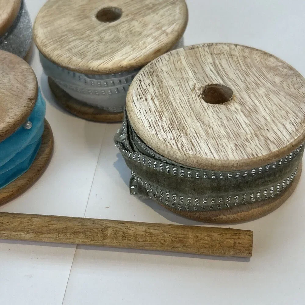 Wooden Box Ribbon Trim Dispenser Storage Rustic 5 Spool